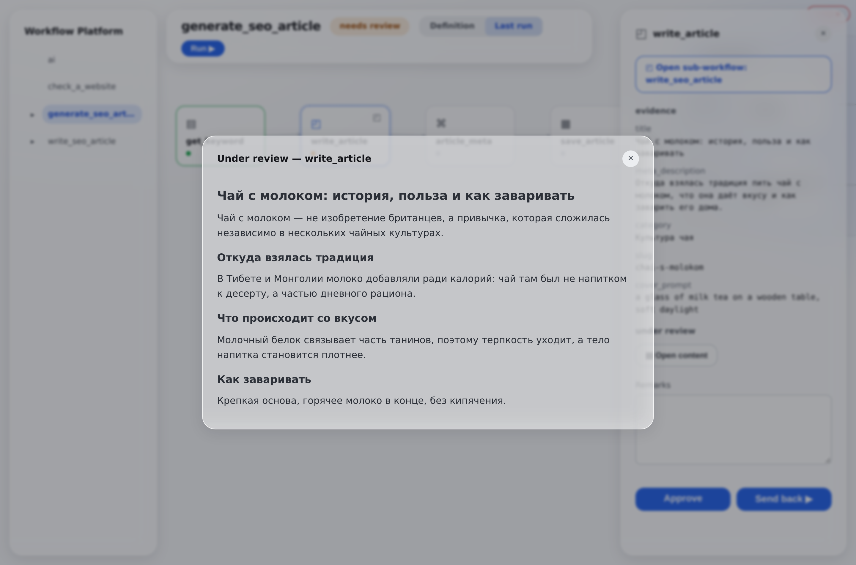 The article open in a modal, rendered as HTML with headings and paragraphs.